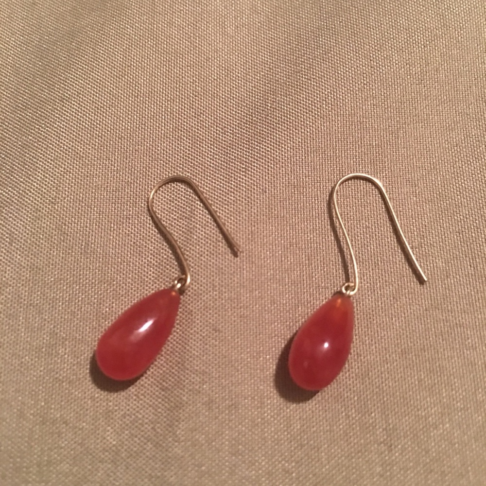 Lovely 14k Yellow Gold Red Jade Dangle Earrings.